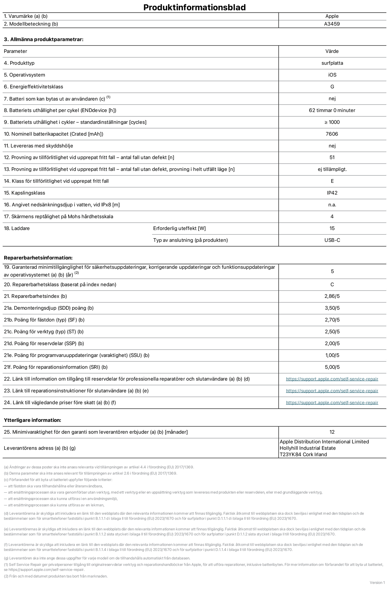 Produktinformationsblad för 11-tums iPad Air Wi‑Fi, modell A3459. Tillhandahålls av Apple Distribution International Limited, Hollyhill Industrial Estate. Cork, Irland, T23 YK84. Enhetstyp: surfplatta. Operativsystem: iOS. Energieffektivitetsklass: G. Batteri som kan bytas ut av användaren: nej. Batteritid per laddningscykel: 62 timmar. Batteriets livslängd i antal cykler – standardinställningar: ≥ 1000. Nominell batterikapacitet: 7606 mAh. Levereras med skyddsfodral: nej. Tillförlitlighetstest vid upprepat fritt fall – antal fall utan defekter: 51. Tillförlitlighetstest vid upprepat fritt fall – antal fall utan defekter testat i helt utfällt läge: ej tillämpligt. Tillförlitlighet vid upprepat fritt fall: klass E. IP-klass: IP42. Angivet nedsänkningsdjup i vatten vid iPx8: ej tillämpligt. Skärmens reptålighet enligt Mohs hårdhetsskala: 4. Laddare – uteffekt som krävs: 15 W. Typ av uttag på laddaren: usb-c. Garanterad minimiperiod för tillgång till säkerhetsuppdateringar, korrigerande uppdateringar och funktionsuppdateringar av operativsystemet: 5 år. Reparerbarhetsklass: C. Reparerbarhetsindex: 2,86/5. Poäng för demonteringsdjup (SDD): 3,50/5. Poäng för fästen: 2,70/5. Poäng för verktyg: 2,50/5. Poäng för reservdelar: 2,00/5. Poäng för mjukvaruuppdateringar: 1,00/5. Poäng för reparationsinformation: 5,00/5. Länk till information om tillgängliga reservdelar för professionella reparatörer och slutanvändare: https://support.apple.com/self-service-repair. Länk till reparationsanvisningar för slutanvändare: https://support.apple.com/self-service-repair. Länk till vägledande priser före skatt: https://support.apple.com/self-service-repair. Produkten omfattas av 12 månaders garanti.