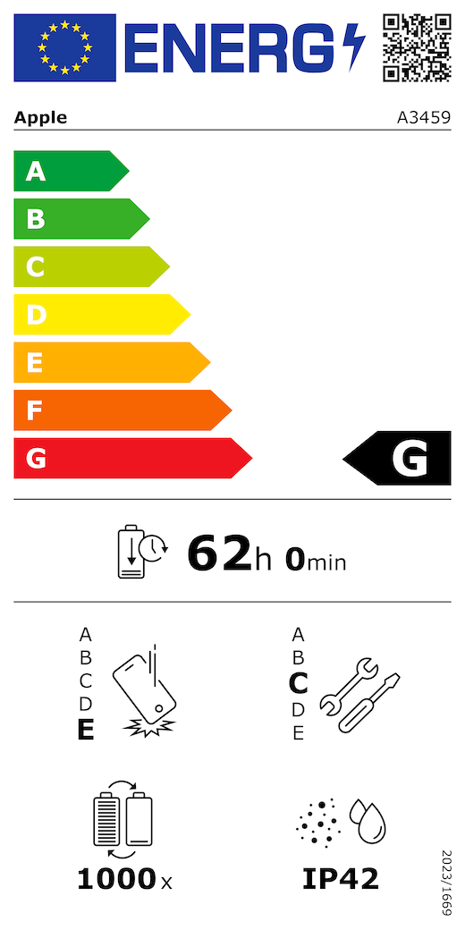 QR kód a informácie na energetickom štítku EÚ, model Apple A3459, trieda G, triedy energetickej účinnosti (so stupnicou od A po G), A (najúčinnejšia) až G (najmenej účinná), výdrž batérie na jeden cyklus, 62 hodín a 0 minút na plné nabitie batérie, trieda spoľahlivosti pri opakovanom voľnom páde E, A (najodolnejšia) až E (najmenej odolná), trieda opraviteľnosti C, A (najopraviteľnejšia) až E (najmenej opraviteľná), výdrž batérie 1 000 cyklov, stupeň ochrany proti vniknutiu prachu a vody (IP) IP42, nariadenie 2023/1669