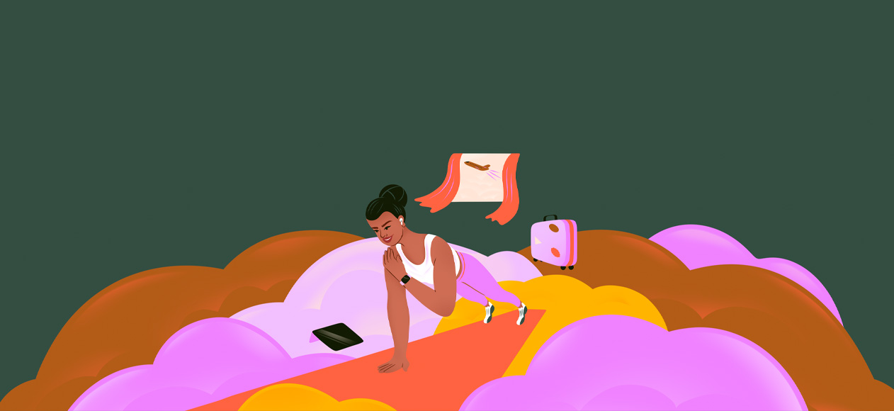 スポーツウェアを着た女性のイラスト。ピンク、イエロー、オレンジの雲の上で腕立て伏せをしている。彼女の隣にはiPad、後ろにはスーツケースがある。背景の窓からは、空を飛ぶ飛行機が見える